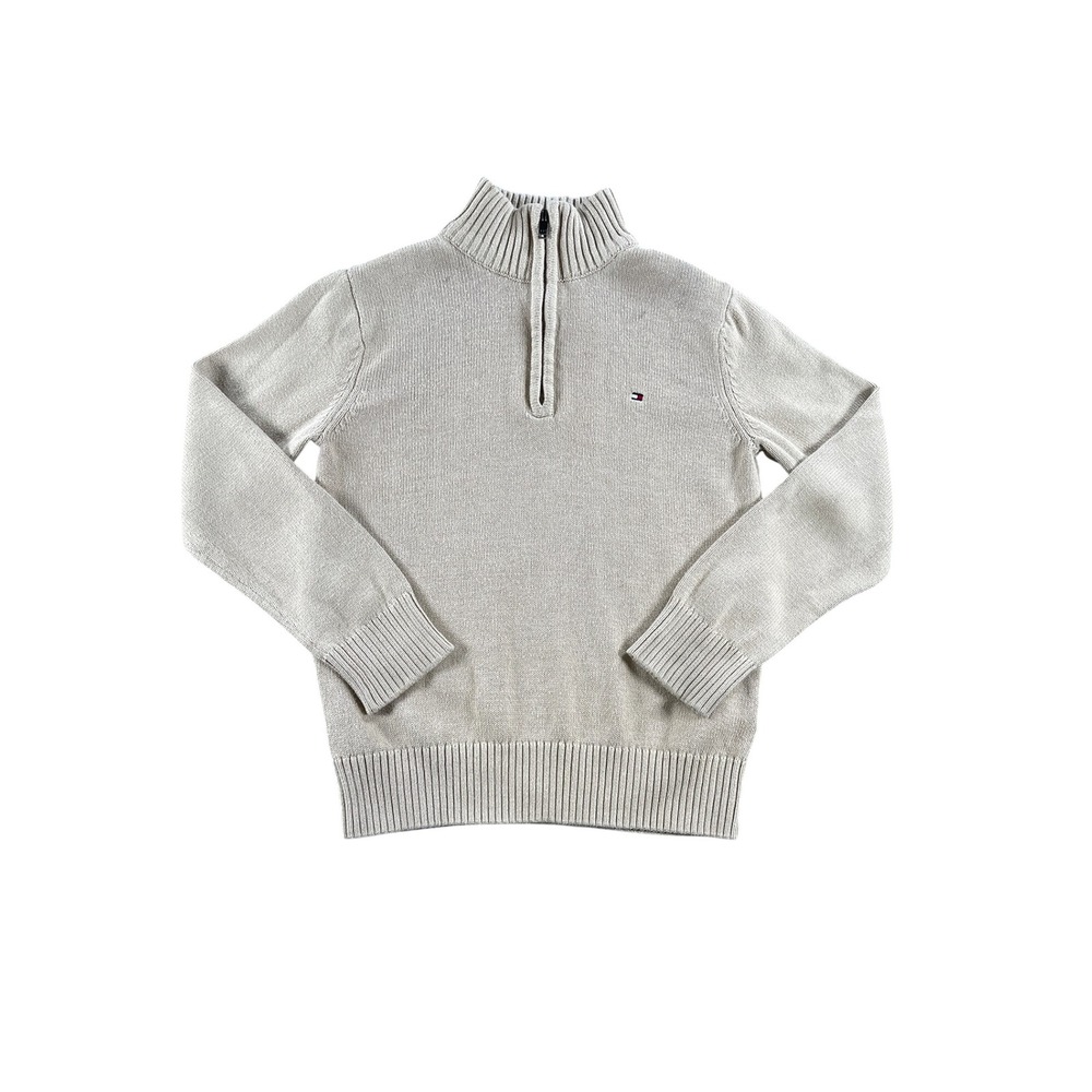 Tommy Hilfiger Boys Tan Beige Quarter Zip Mock Neck Knit Sweater Size S 8
